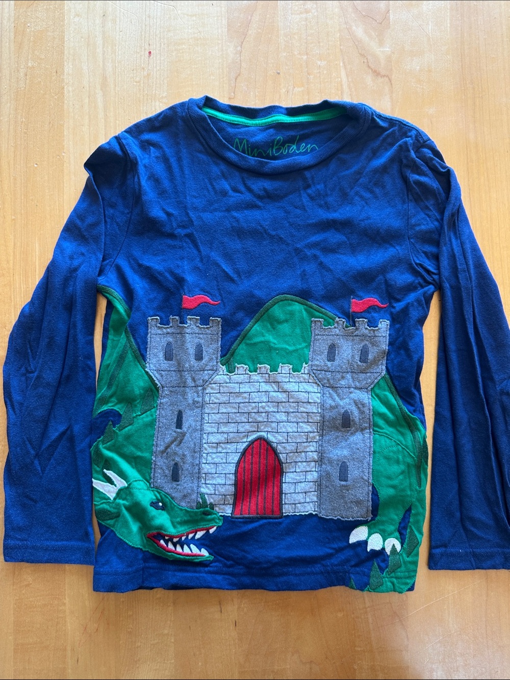 Mini Boden Navy Long-Sleeve Tee with Castle & Green Dragon
